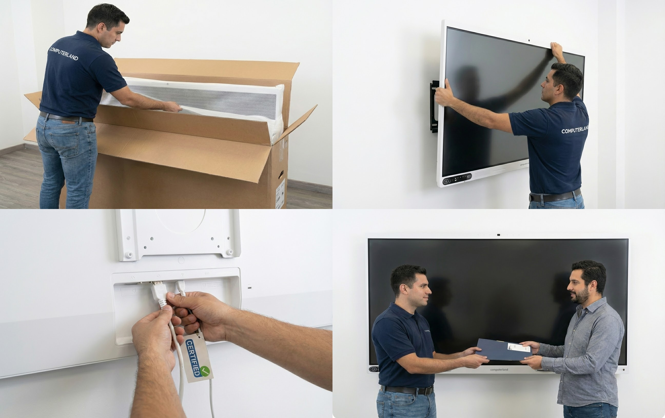 Proceso de instalación profesional de pantallas interactivas Computerland: desempaque, montaje en pared, conexión certificada y entrega al cliente