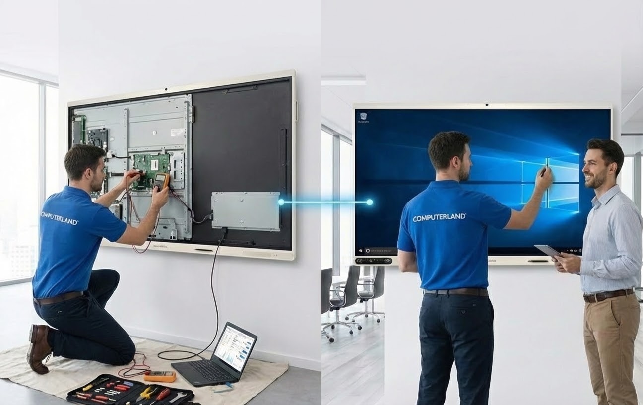 Técnico de Computerland brindando soporte en sitio con herramientas especializadas